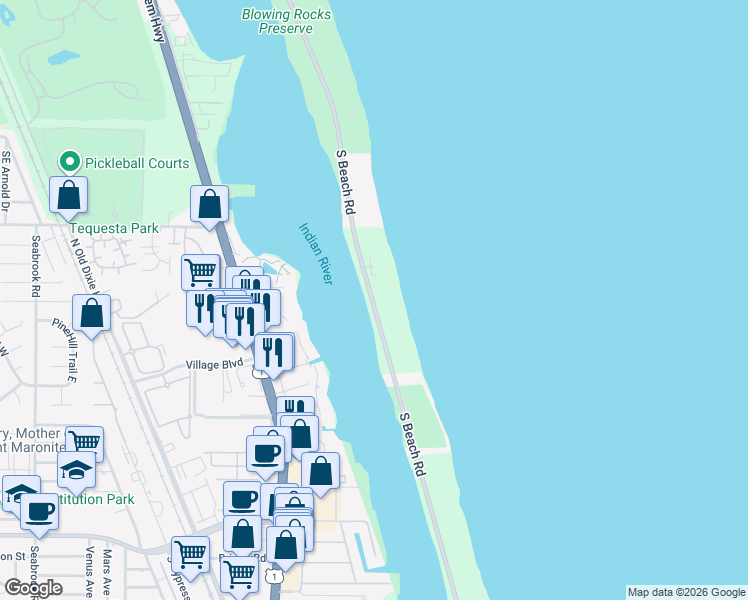 map of restaurants, bars, coffee shops, grocery stores, and more near 19850 South Beach Road in Jupiter