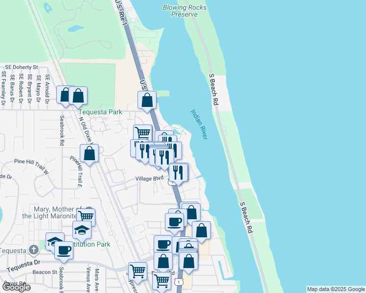 map of restaurants, bars, coffee shops, grocery stores, and more near 100 Intracoastal Place in Jupiter