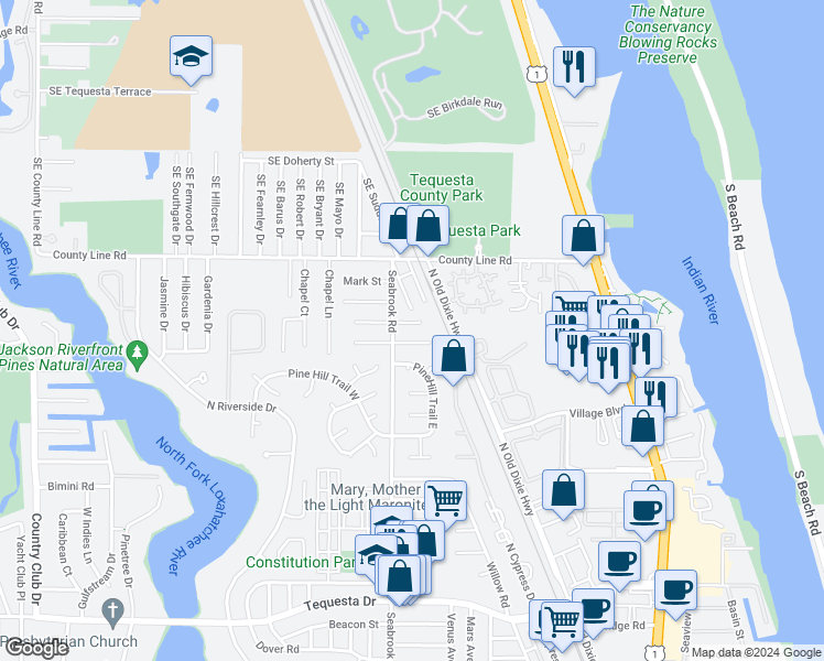 map of restaurants, bars, coffee shops, grocery stores, and more near 76 Wingo Street in Tequesta