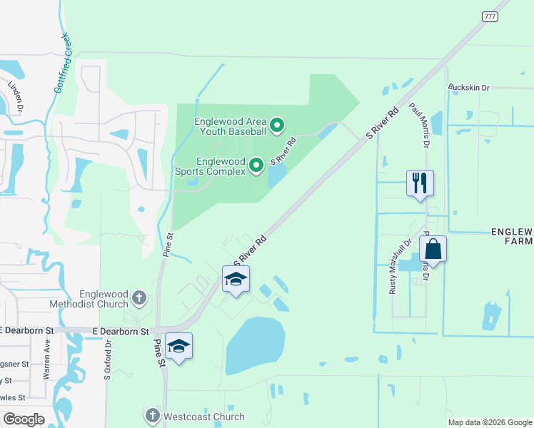 map of restaurants, bars, coffee shops, grocery stores, and more near 1060 South River Road in Englewood
