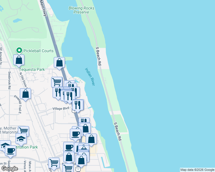 map of restaurants, bars, coffee shops, grocery stores, and more near 19850 South Beach Road in Jupiter