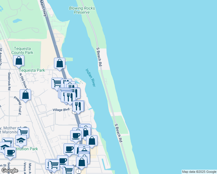 map of restaurants, bars, coffee shops, grocery stores, and more near 19850 South Beach Road in Jupiter
