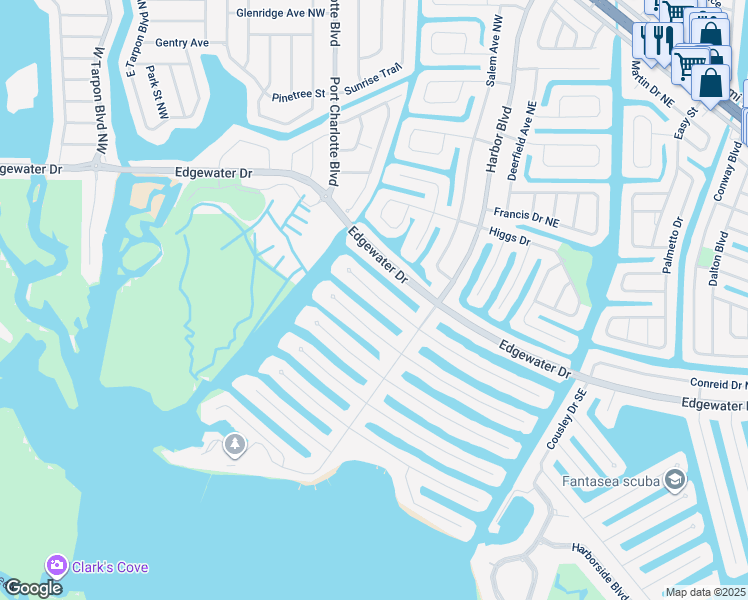 map of restaurants, bars, coffee shops, grocery stores, and more near 127 Leland Street Southwest in Port Charlotte