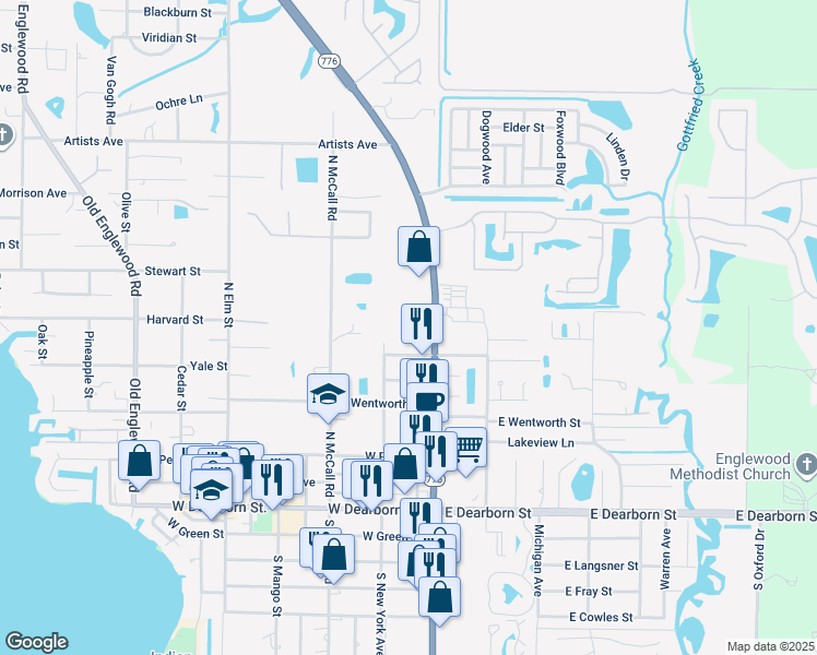 map of restaurants, bars, coffee shops, grocery stores, and more near 360 North Indiana Avenue in Englewood