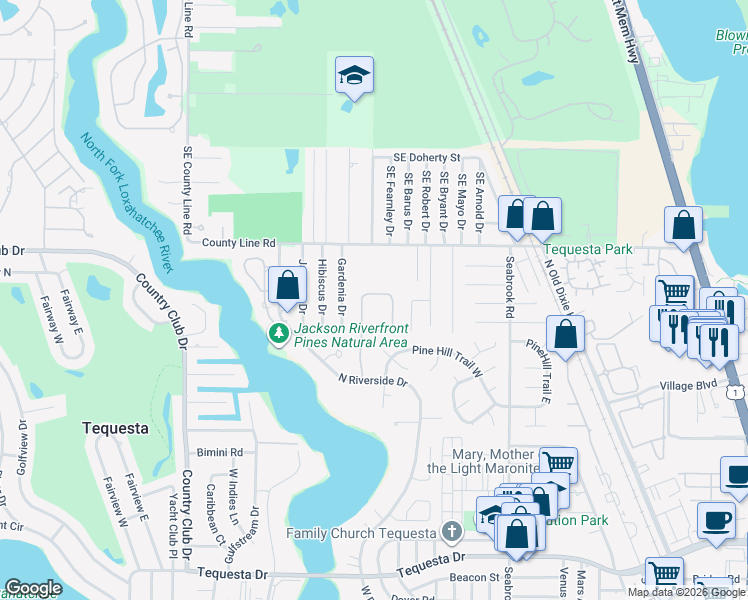 map of restaurants, bars, coffee shops, grocery stores, and more near 128 Magnolia Way in Jupiter