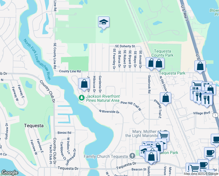 map of restaurants, bars, coffee shops, grocery stores, and more near 128 Magnolia Way in Tequesta