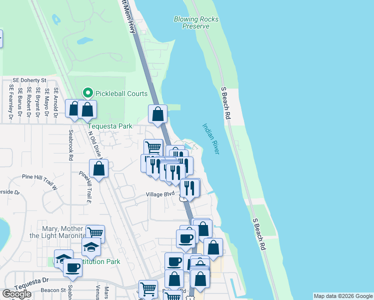map of restaurants, bars, coffee shops, grocery stores, and more near 100 Intracoastal Place in Jupiter
