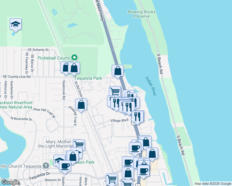 map of restaurants, bars, coffee shops, grocery stores, and more near 159 Clusia Lane in Tequesta