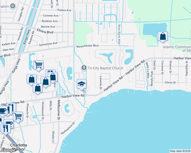 map of restaurants, bars, coffee shops, grocery stores, and more near 310 Hunter Street in Port Charlotte