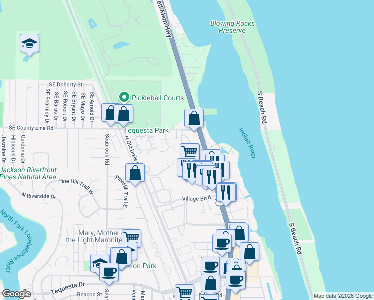 map of restaurants, bars, coffee shops, grocery stores, and more near 112 Royal Palm Circle in Tequesta