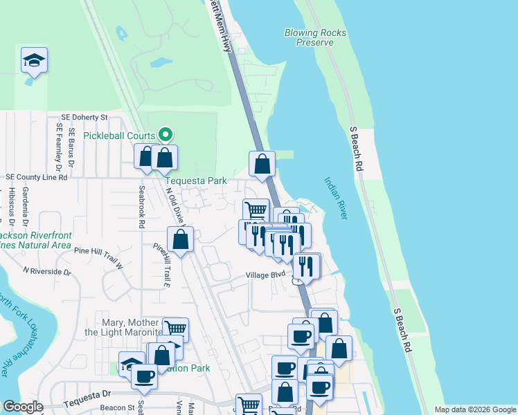 map of restaurants, bars, coffee shops, grocery stores, and more near 107 Royal Palm Circle in Tequesta