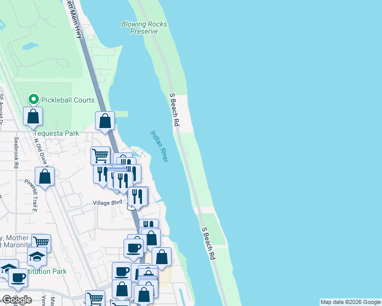 map of restaurants, bars, coffee shops, grocery stores, and more near 19850 South Beach Road in Jupiter