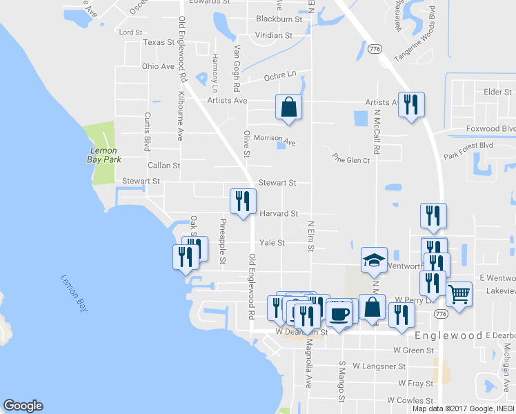 map of restaurants, bars, coffee shops, grocery stores, and more near 415 Old Englewood Road in Englewood