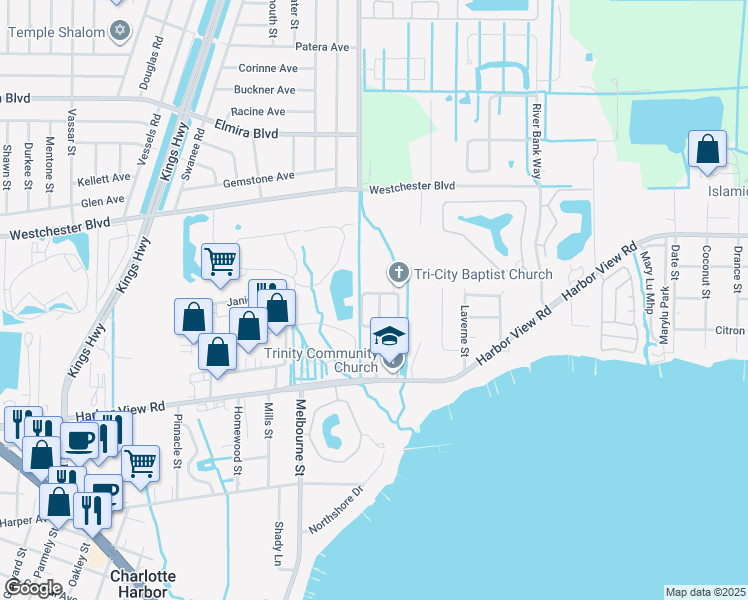 map of restaurants, bars, coffee shops, grocery stores, and more near 414 Cortez Drive in Punta Gorda