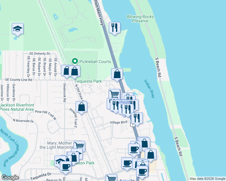 map of restaurants, bars, coffee shops, grocery stores, and more near 502 Del Sol Circle in Tequesta