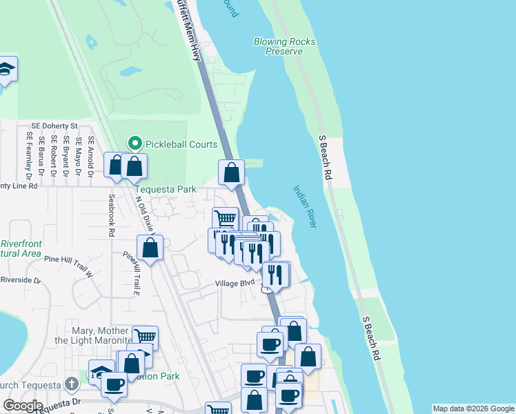 map of restaurants, bars, coffee shops, grocery stores, and more near 19970 Scrimshaw Way in Tequesta