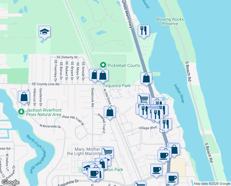 map of restaurants, bars, coffee shops, grocery stores, and more near 3900 Southeast County Line Road in Jupiter