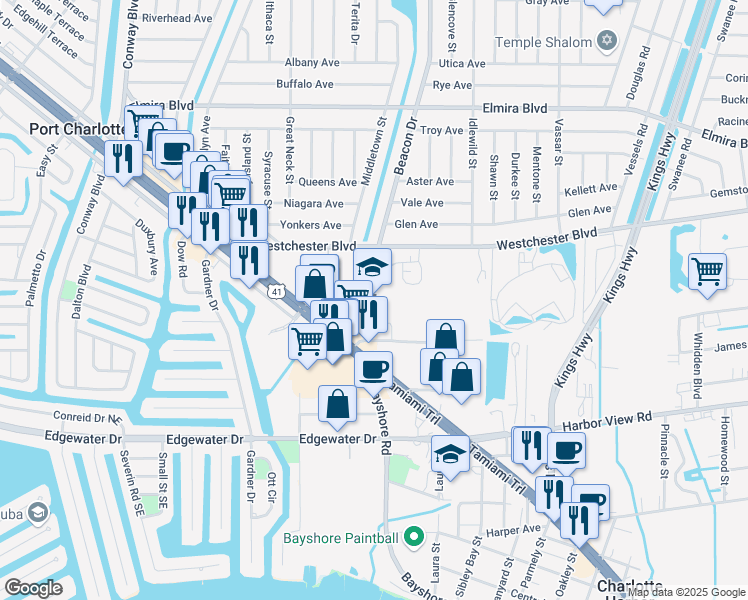 map of restaurants, bars, coffee shops, grocery stores, and more near 4070 Beaver Lane in Port Charlotte