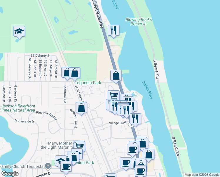 map of restaurants, bars, coffee shops, grocery stores, and more near 805 del Sol Circle in Jupiter