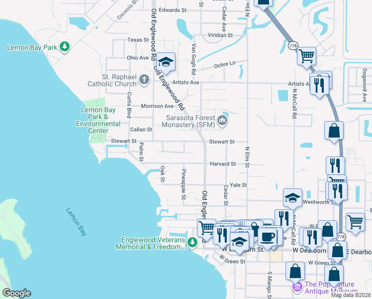 map of restaurants, bars, coffee shops, grocery stores, and more near 455 Pineapple Street in Englewood