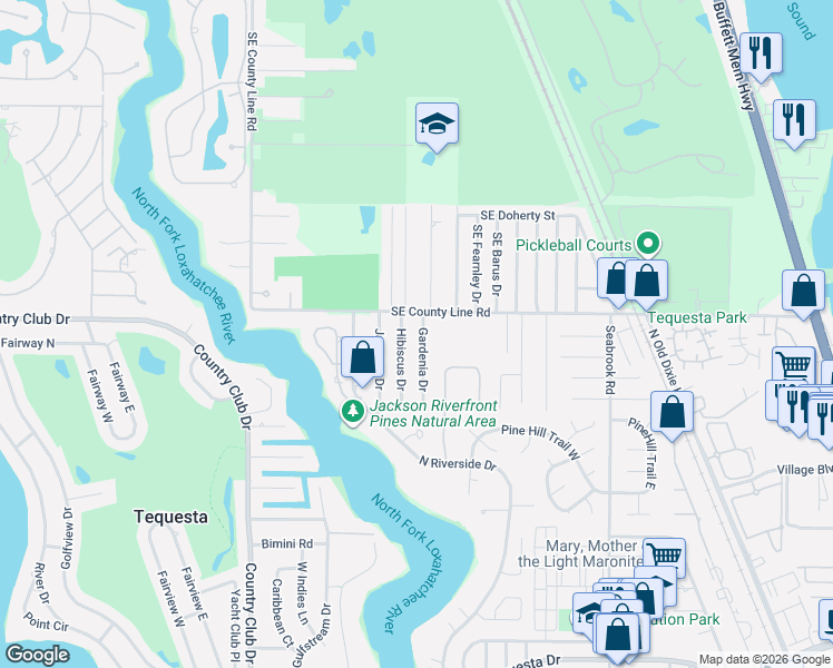 map of restaurants, bars, coffee shops, grocery stores, and more near 19946 Hibiscus Drive in Jupiter