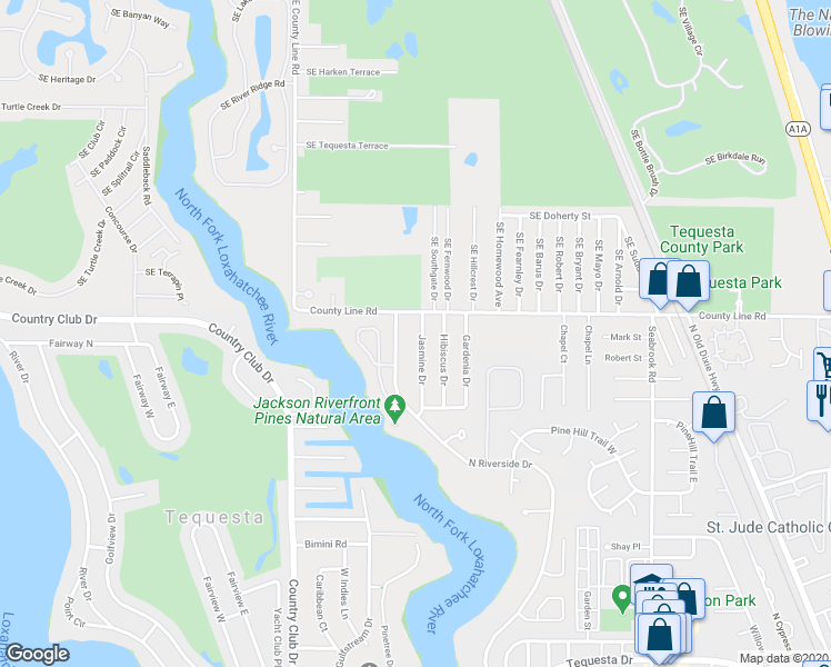 map of restaurants, bars, coffee shops, grocery stores, and more near 19947 Jasmine Drive in Jupiter