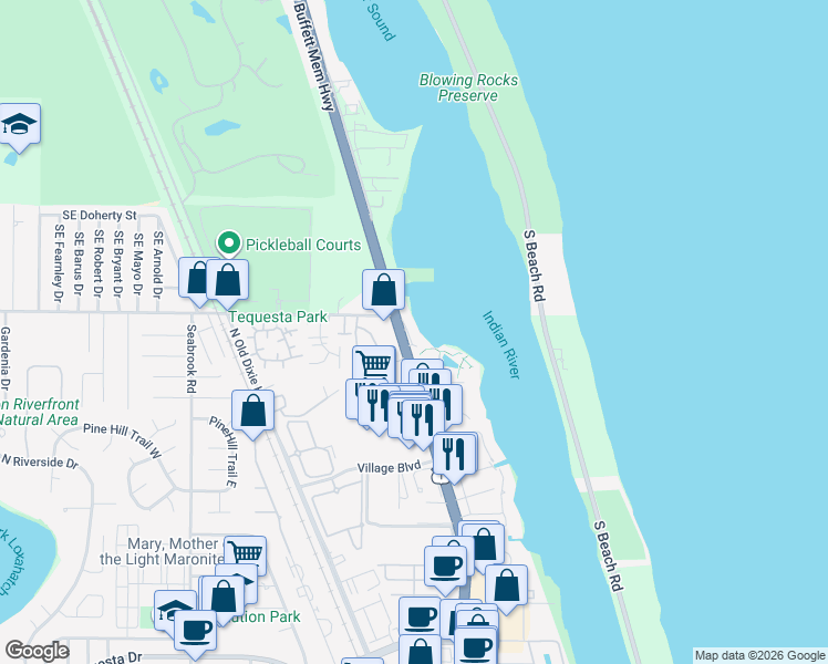 map of restaurants, bars, coffee shops, grocery stores, and more near 19970 Scrimshaw Way in Tequesta