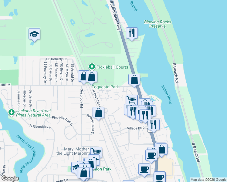 map of restaurants, bars, coffee shops, grocery stores, and more near 3845 Beacon Hill Road in Jupiter