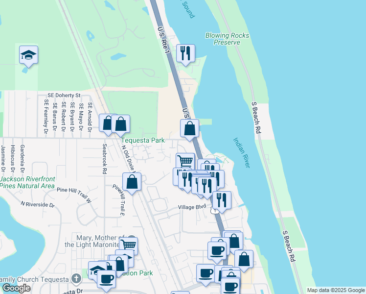 map of restaurants, bars, coffee shops, grocery stores, and more near 506 del Sol Circle in Jupiter