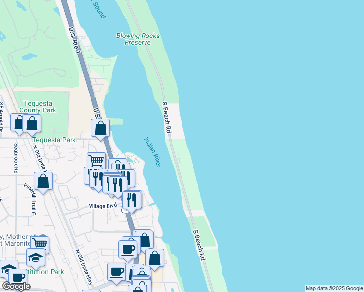 map of restaurants, bars, coffee shops, grocery stores, and more near 19950 South Beach Road in Jupiter