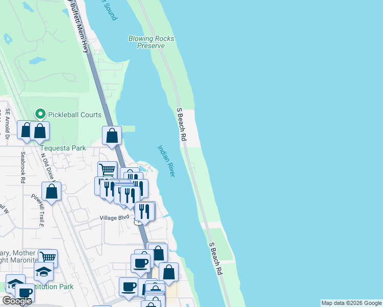 map of restaurants, bars, coffee shops, grocery stores, and more near 19950 South Beach Road in Jupiter