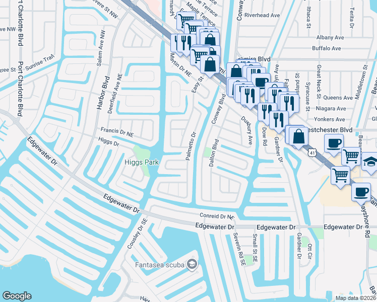 map of restaurants, bars, coffee shops, grocery stores, and more near Palmetto Dr NE in Port Charlotte