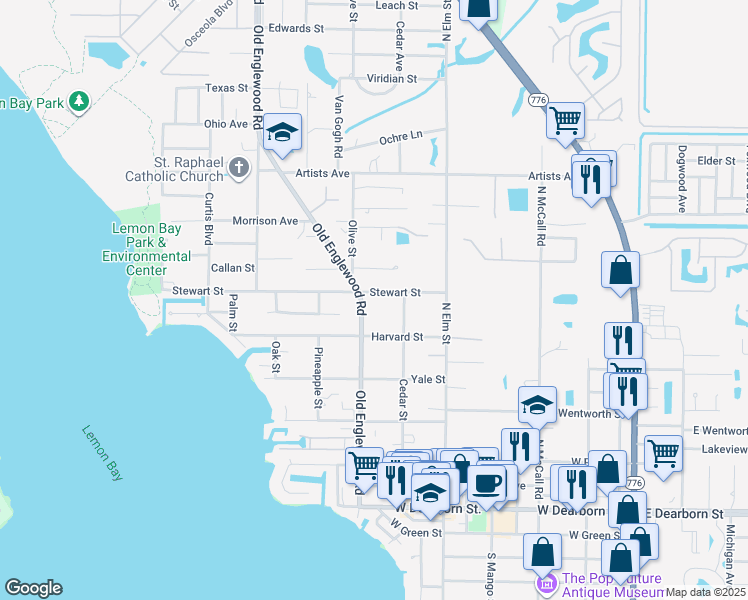 map of restaurants, bars, coffee shops, grocery stores, and more near 501 Stewart Street in Englewood