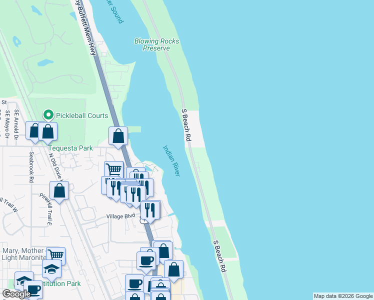 map of restaurants, bars, coffee shops, grocery stores, and more near 19955 South Beach Road in Jupiter