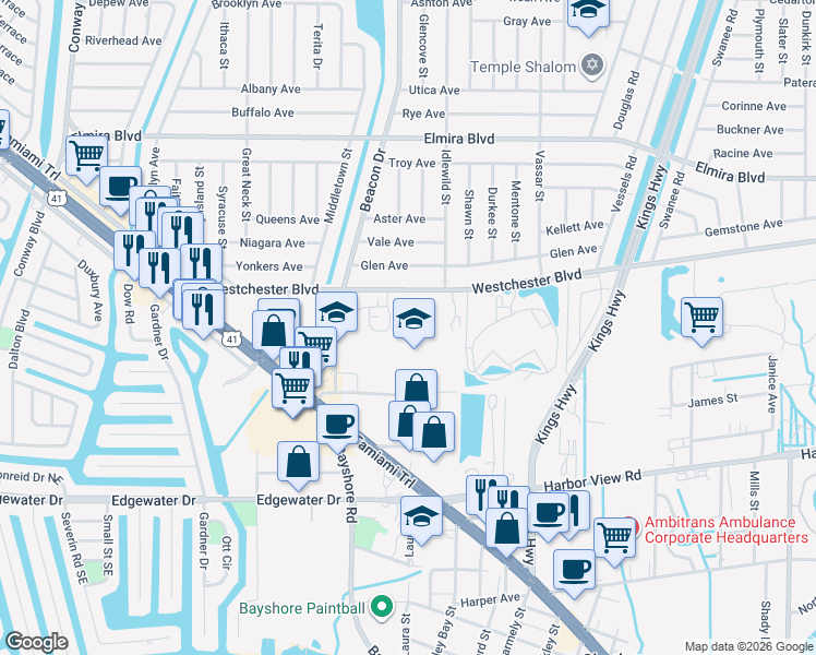 map of restaurants, bars, coffee shops, grocery stores, and more near 22481 Westchester Boulevard in Port Charlotte