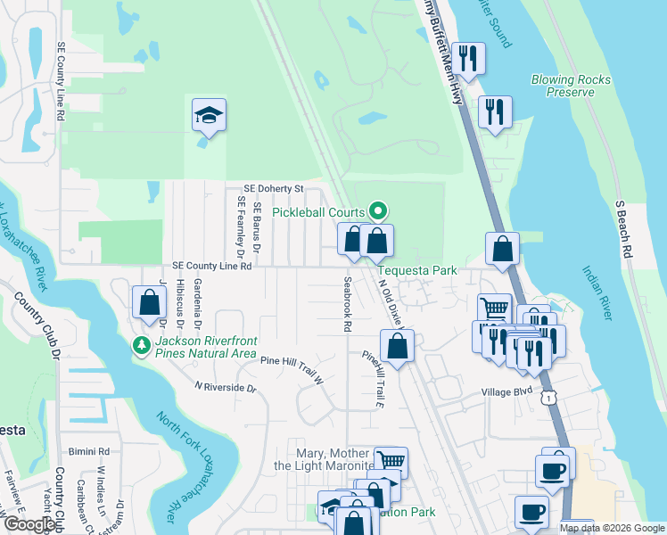 map of restaurants, bars, coffee shops, grocery stores, and more near 19961 Seabrook Road in Jupiter