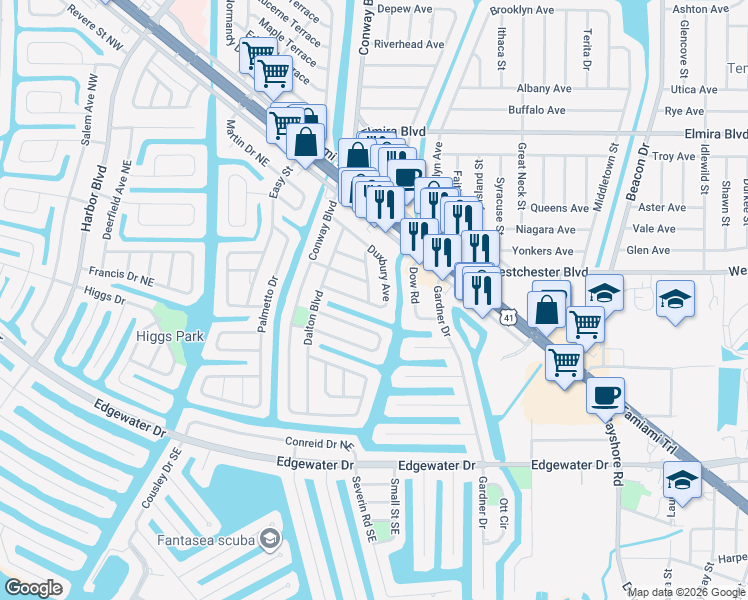 map of restaurants, bars, coffee shops, grocery stores, and more near 280 Duxbury Avenue in Port Charlotte
