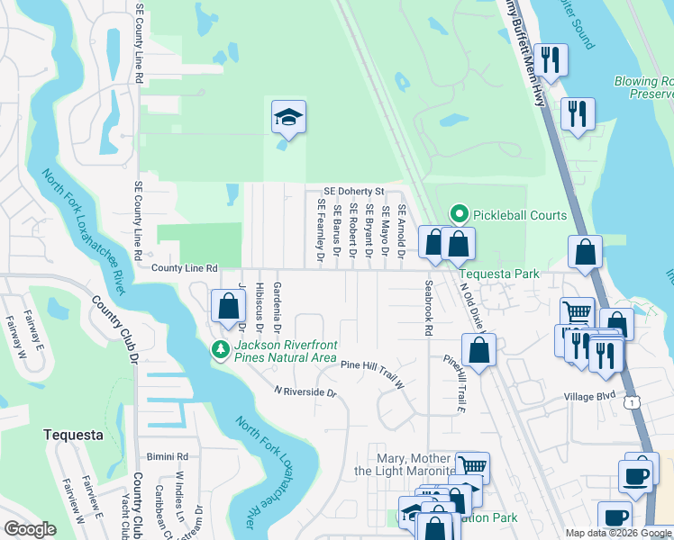map of restaurants, bars, coffee shops, grocery stores, and more near SE County Line Rd & SE Barus Dr in Jupiter
