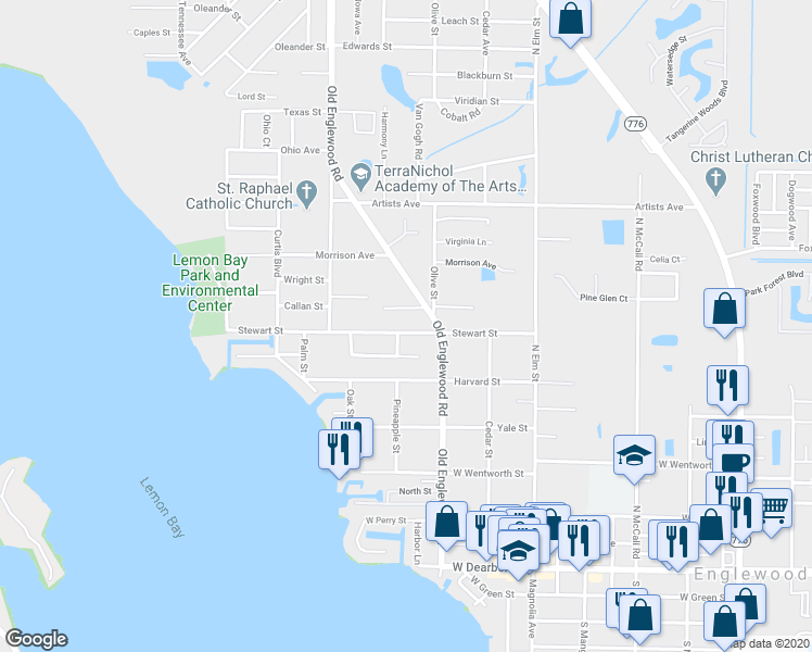 map of restaurants, bars, coffee shops, grocery stores, and more near 455 Pineapple Street in Englewood