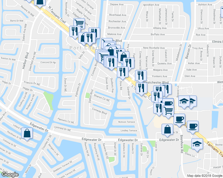 map of restaurants, bars, coffee shops, grocery stores, and more near 220 Duxbury Avenue in Port Charlotte