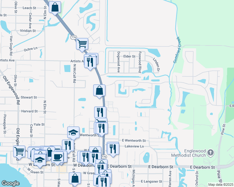 map of restaurants, bars, coffee shops, grocery stores, and more near 404 Cypress Forest Drive in Englewood