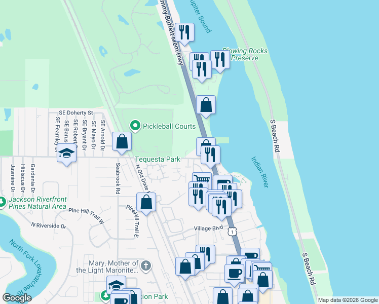 map of restaurants, bars, coffee shops, grocery stores, and more near 19999 Southeast County Line Road in Jupiter