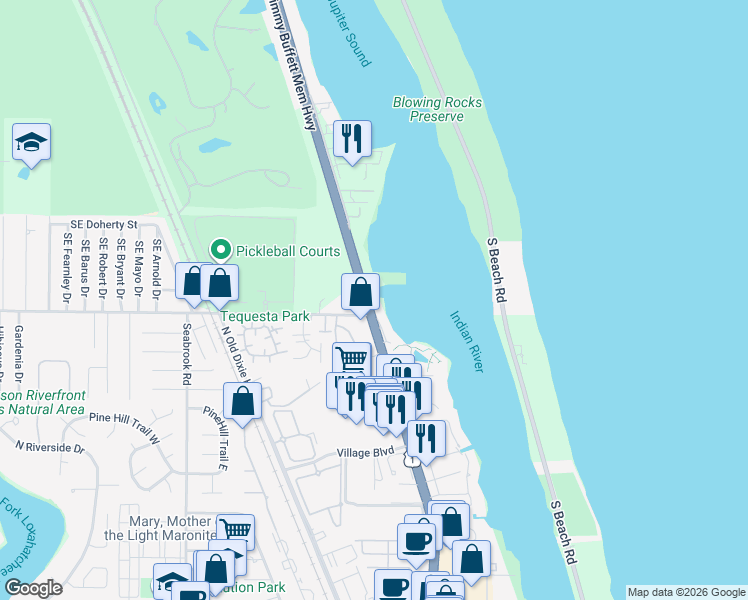 map of restaurants, bars, coffee shops, grocery stores, and more near 19137 Southeast Federal Highway in Jupiter