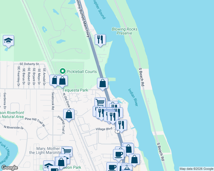 map of restaurants, bars, coffee shops, grocery stores, and more near 19137 Southeast Federal Highway in Jupiter