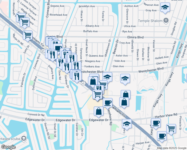 map of restaurants, bars, coffee shops, grocery stores, and more near 22291 Westchester Boulevard in Port Charlotte
