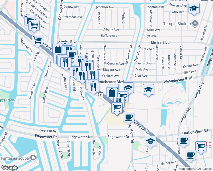 map of restaurants, bars, coffee shops, grocery stores, and more near 22291 Westchester Boulevard in Port Charlotte