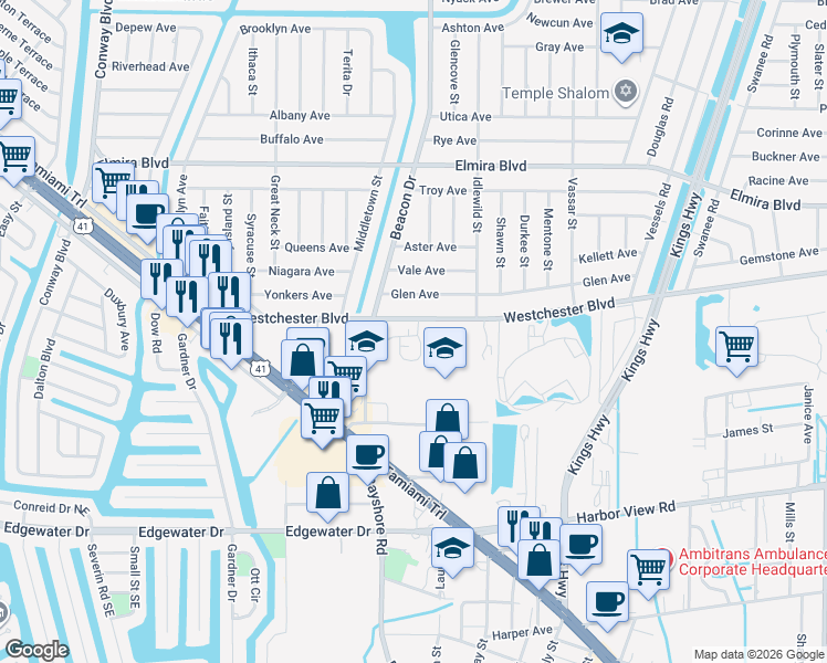map of restaurants, bars, coffee shops, grocery stores, and more near 22458 Westchester Boulevard in Port Charlotte
