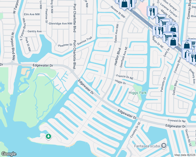 map of restaurants, bars, coffee shops, grocery stores, and more near 21177 Higgs Drive in Port Charlotte