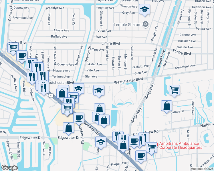 map of restaurants, bars, coffee shops, grocery stores, and more near 22506 Westchester Boulevard in Port Charlotte