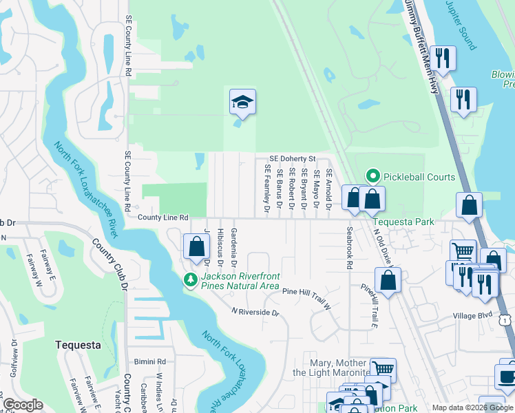 map of restaurants, bars, coffee shops, grocery stores, and more near 19146 Southeast Homewood Avenue in Jupiter